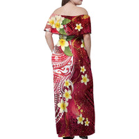 Polynesian Tribal Tattoo Family Matching Off Shoulder Maxi Dress and Hawaiian Shirt Plumeria Blood Red and Gold Marble Pattern