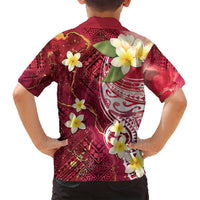 Polynesian Tribal Tattoo Family Matching Puletasi and Hawaiian Shirt Plumeria Blood Red and Gold Marble Pattern