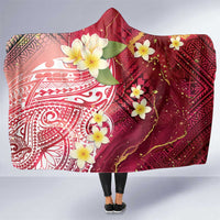 Polynesian Tribal Tattoo Hooded Blanket Plumeria Blood Red and Gold Marble Pattern