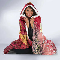 Polynesian Tribal Tattoo Hooded Blanket Plumeria Blood Red and Gold Marble Pattern