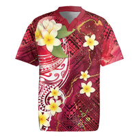 Polynesian Tribal Tattoo Rugby Jersey Plumeria Blood Red and Gold Marble Pattern