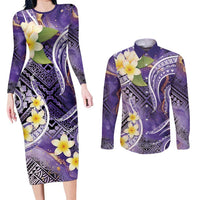 Polynesian Tribal Tattoo Couples Matching Long Sleeve Bodycon Dress and Long Sleeve Button Shirt Plumeria Purple Marble Pattern