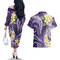 Polynesian Tribal Tattoo Couples Matching Off The Shoulder Long Sleeve Dress and Hawaiian Shirt Plumeria Purple Marble Pattern LT9 - Polynesian Pride