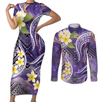 Polynesian Tribal Tattoo Couples Matching Short Sleeve Bodycon Dress and Long Sleeve Button Shirt Plumeria Purple Marble Pattern