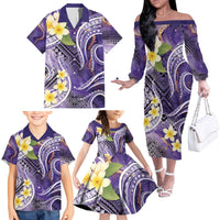 Polynesian Tribal Tattoo Family Matching Off The Shoulder Long Sleeve Dress and Hawaiian Shirt Plumeria Purple Marble Pattern