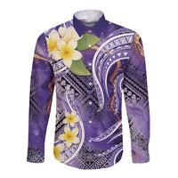 Polynesian Tribal Tattoo Long Sleeve Button Shirt Plumeria Purple Marble Pattern