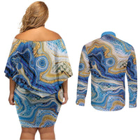Polynesian Tribal Tattoo Couples Matching Off Shoulder Short Dress and Long Sleeve Button Shirt Swirling Ocean Marble Pattern