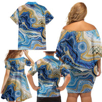 Polynesian Tribal Tattoo Family Matching Off Shoulder Short Dress and Hawaiian Shirt Swirling Ocean Marble Pattern
