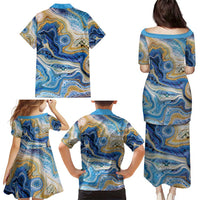 Polynesian Tribal Tattoo Family Matching Puletasi and Hawaiian Shirt Swirling Ocean Marble Pattern