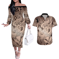Personalised Aloha King Kamehameha Spirits Couples Matching Off The Shoulder Long Sleeve Dress and Hawaiian Shirt Beige Special LT9 Beige - Polynesian Pride