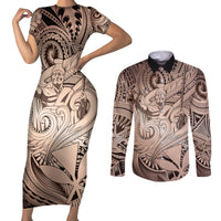 Personalised Aloha King Kamehameha Spirits Couples Matching Short Sleeve Bodycon Dress and Long Sleeve Button Shirt Beige Special LT9 Beige - Polynesian Pride
