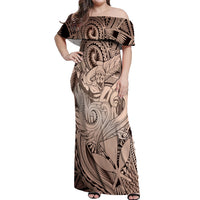 Personalised Aloha King Kamehameha Spirits Off Shoulder Maxi Dress Beige Special LT9 Women Beige - Polynesian Pride