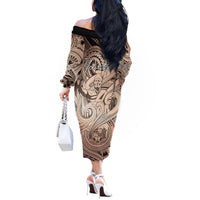 Personalised Aloha King Kamehameha Spirits Off The Shoulder Long Sleeve Dress Beige Special LT9 - Polynesian Pride