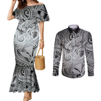 Personalised Aloha King Kamehameha Spirits Couples Matching Mermaid Dress and Long Sleeve Button Shirt Grey Special LT9 Grey - Polynesian Pride