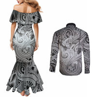 Personalised Aloha King Kamehameha Spirits Couples Matching Mermaid Dress and Long Sleeve Button Shirt Grey Special LT9 - Polynesian Pride