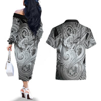 Personalised Aloha King Kamehameha Spirits Couples Matching Off The Shoulder Long Sleeve Dress and Hawaiian Shirt Grey Special LT9 - Polynesian Pride