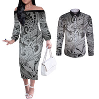 Personalised Aloha King Kamehameha Spirits Couples Matching Off The Shoulder Long Sleeve Dress and Long Sleeve Button Shirt Grey Special LT9 Grey - Polynesian Pride