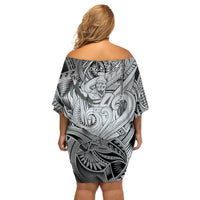 Personalised Aloha King Kamehameha Spirits Off Shoulder Short Dress Grey Special LT9 - Polynesian Pride