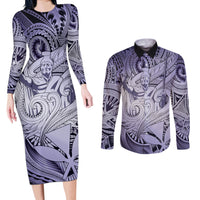 Personalised Aloha King Kamehameha Spirits Couples Matching Long Sleeve Bodycon Dress and Long Sleeve Button Shirt Violet Special LT9 Violet - Polynesian Pride