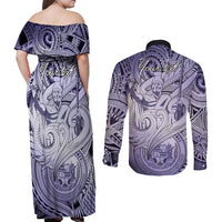 Personalised Aloha King Kamehameha Spirits Couples Matching Off Shoulder Maxi Dress and Long Sleeve Button Shirt Violet Special LT9 - Polynesian Pride