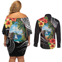 Hafa Adai Guam Couples Matching Off Shoulder Short Dress and Long Sleeve Button Shirt Guahan Seal Chamorro Stones Tribal