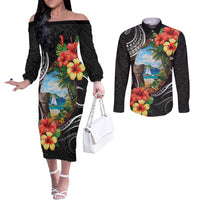 Hafa Adai Guam Couples Matching Off The Shoulder Long Sleeve Dress and Long Sleeve Button Shirt Guahan Seal Chamorro Stones Tribal