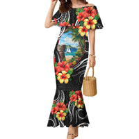 Hafa Adai Guam Family Matching Mermaid Dress and Hawaiian Shirt Guahan Seal Chamorro Stones Tribal LT9 Mom's Dress Black - Polynesian Pride