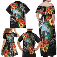 Hafa Adai Guam Family Matching Off Shoulder Maxi Dress and Hawaiian Shirt Guahan Seal Chamorro Stones Tribal