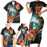 Hafa Adai Guam Family Matching Short Sleeve Bodycon Dress and Hawaiian Shirt Guahan Seal Chamorro Stones Tribal LT9 - Polynesian Pride