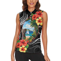 Hafa Adai Guam Women Sleeveless Polo Shirt Guahan Seal Chamorro Stones Tribal