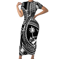 Hafa Adai Guam Inspired Tattoo Family Matching Short Sleeve Bodycon Dress and Hawaiian Shirt LT9 Mom's Dress Black - Polynesian Pride