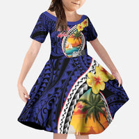 Hafa Adai Guam Seal Latte Stones Artwork Family Matching Long Sleeve Bodycon Dress and Hawaiian Shirt LT9 Daughter's Dress Blue - Polynesian Pride