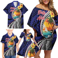 Hafa Adai Guam Seal Latte Stones Artwork Family Matching Off Shoulder Short Dress and Hawaiian Shirt