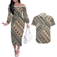 Niho Taniwha Kowhaiwhai Couples Matching Off The Shoulder Long Sleeve Dress and Hawaiian Shirt
