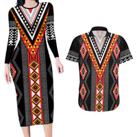 Niho Taniwha Taniko Motif Couples Matching Long Sleeve Bodycon Dress and Hawaiian Shirt