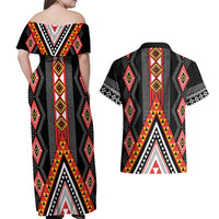 Niho Taniwha Taniko Motif Couples Matching Off Shoulder Maxi Dress and Hawaiian Shirt