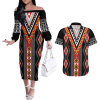 Niho Taniwha Taniko Motif Couples Matching Off The Shoulder Long Sleeve Dress and Hawaiian Shirt