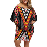Niho Taniwha Taniko Motif Family Matching Off Shoulder Short Dress and Hawaiian Shirt LT9 Mom's Dress Red - Polynesian Pride