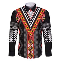 Niho Taniwha Taniko Motif Family Matching Short Sleeve Bodycon Dress and Hawaiian Shirt LT9 Dad's Shirt - Long Sleeve Red - Polynesian Pride