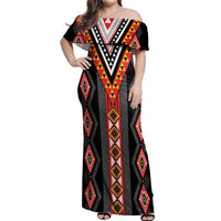 Niho Taniwha Taniko Motif Off Shoulder Maxi Dress