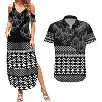 Black Taniko Kowhaiwhai Tukutuku Motif Couples Matching Summer Maxi Dress and Hawaiian Shirt