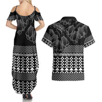 Black Taniko Kowhaiwhai Tukutuku Motif Couples Matching Summer Maxi Dress and Hawaiian Shirt