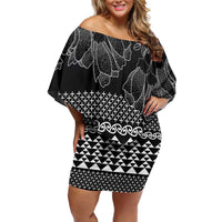 Black Taniko Kowhaiwhai Tukutuku Motif Family Matching Off Shoulder Short Dress and Hawaiian Shirt LT9 Mom's Dress Black - Polynesian Pride
