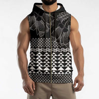 Black Taniko Kowhaiwhai Tukutuku Motif Sleeveless Zip Hoodie - Polynesian Pride