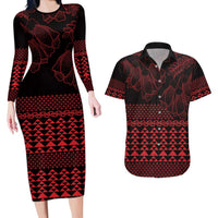 Red Taniko Kowhaiwhai Tukutuku Motif Couples Matching Long Sleeve Bodycon Dress and Hawaiian Shirt