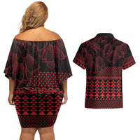 Red Taniko Kowhaiwhai Tukutuku Motif Couples Matching Off Shoulder Short Dress and Hawaiian Shirt