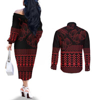 Red Taniko Kowhaiwhai Tukutuku Motif Couples Matching Off The Shoulder Long Sleeve Dress and Long Sleeve Button Shirt LT9 - Polynesian Pride