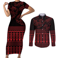 Red Taniko Kowhaiwhai Tukutuku Motif Couples Matching Short Sleeve Bodycon Dress and Long Sleeve Button Shirt LT9 Red - Polynesian Pride