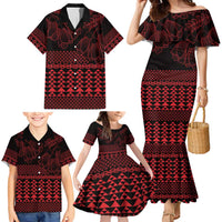 Red Taniko Kowhaiwhai Tukutuku Motif Family Matching Mermaid Dress and Hawaiian Shirt LT9 - Polynesian Pride