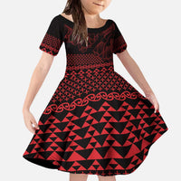 Red Taniko Kowhaiwhai Tukutuku Motif Family Matching Off The Shoulder Long Sleeve Dress and Hawaiian Shirt LT9 Daughter's Dress Red - Polynesian Pride